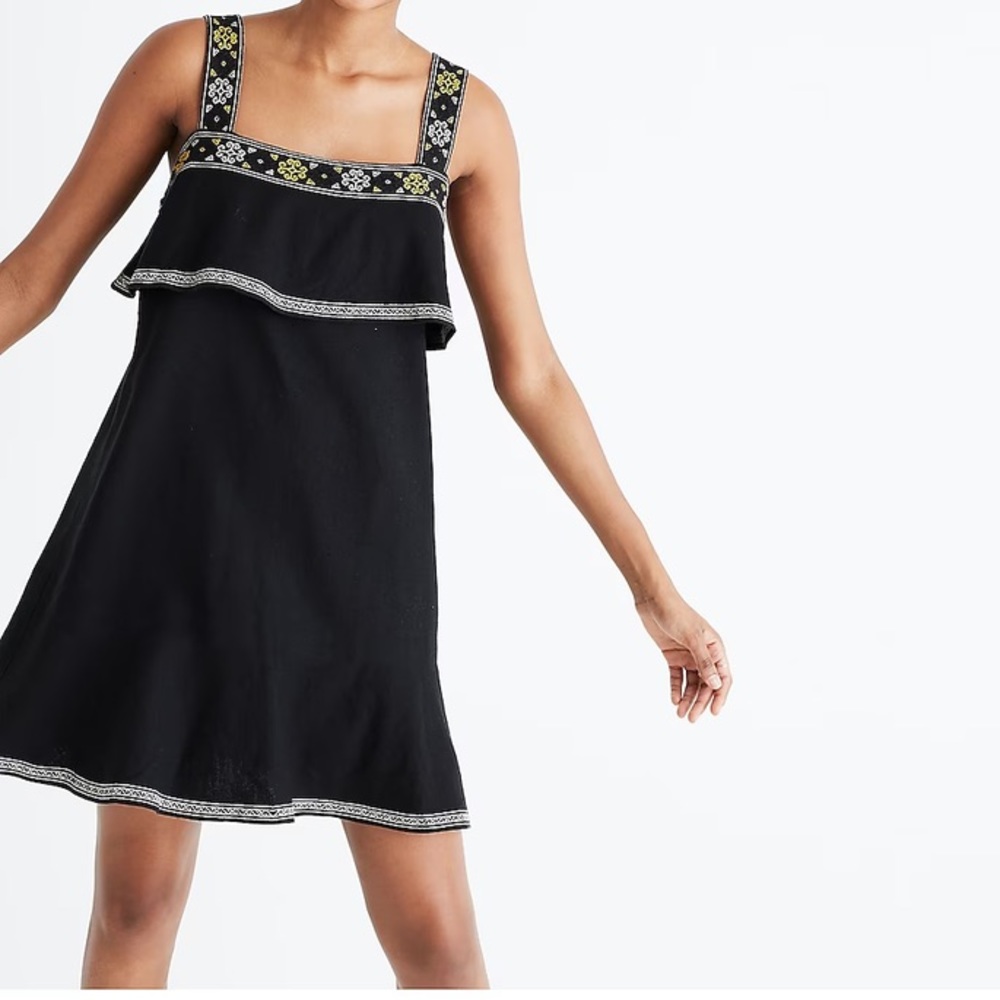 Madewell Black Mini Dress with Yellow & White Embroidery